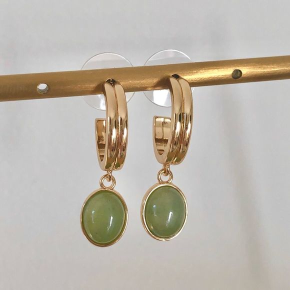 18K Gold Plated Natural Averturine Drop Earrings - Picture 4 of 10
